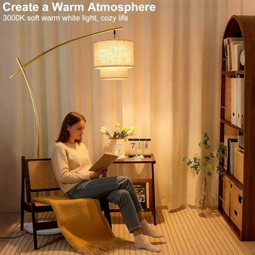 Image of Lightdot Arc Floor Lamp, 70in Standing Tall Lamp Dimmable for Living Office | 70in Modern Arc Floor Lamp with Marble Base & Double Fabric Lampshade, Overhanging Floor Lamp for Living Room Bedroom Reading