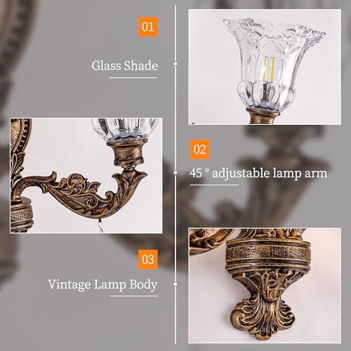 Image of Wellmet 2-Lights Bronze Wall Sconce, Retro Wall Light, Bathroom Vanity Wall Lamp, Wall Light Fixtures for Living Room, Bedroom, Hallway, Bathroom, Stairway, W-18in (Bulb not Include)