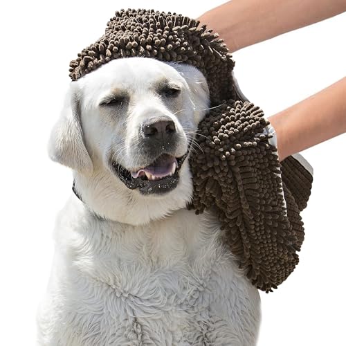 Soggy Doggy Super Shammy Dog Towel - Microfiber Chenille Towel for Drying Dogs and Cleaning Paws - Fast Drying with Hand Pockets for Ease (Dark Chocolate/Oatmeal Trim, 31” x 14”)