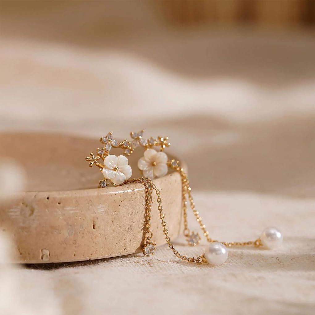Gold Flower Earrings for Women,Long Pearl Crystal Dangle Earrings Charm White Floral Drop Earring,Aesthetic Everyday Petal Jewelry Accessories Gifts - Image 5