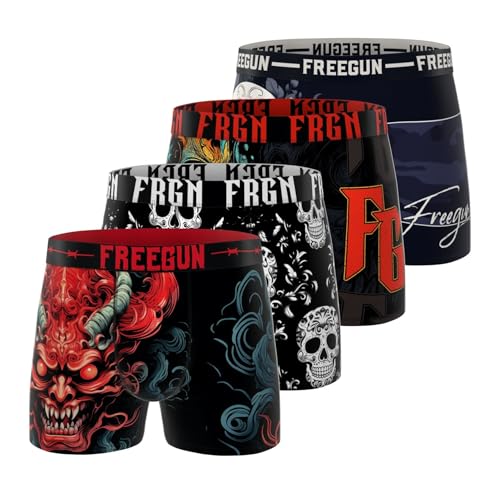 FREEGUN Boxer Homme Tatoo, Caleçon Homme Ultra-Doux, Stretch & Respirant (Lot de 4), Rouge Taille XXL