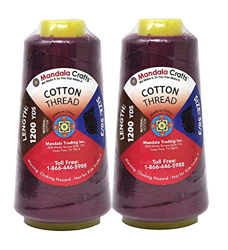 Image of Mandala Crafts Burgundy Mercerized Cotton Thread Cones for Sewing Quilting | 2400 Yds 50 WT, 100% Long Staple Cotton, Multipurpose, for Embroidery, Piecing, Sergers, Applique, Machine and Hand Sewing