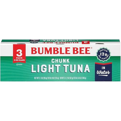 Bumble Bee Chunk Light Atún en agua, latas de 3 onzas (paquete de 3) Atún salvaje 0.42 oz de proteína por porción Mariscos sostenibles