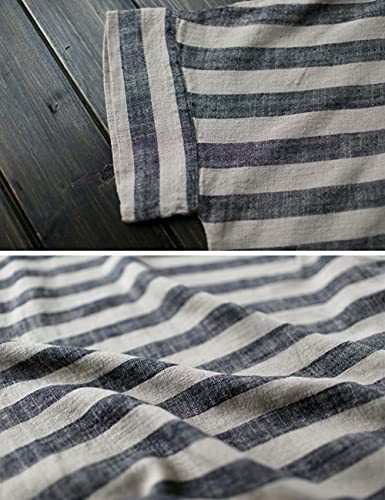 Image of LUZU JUNU Women Cotton Linen Caftan Robe Striped Casual Loose Bat Sleeve Long Maxi Dress