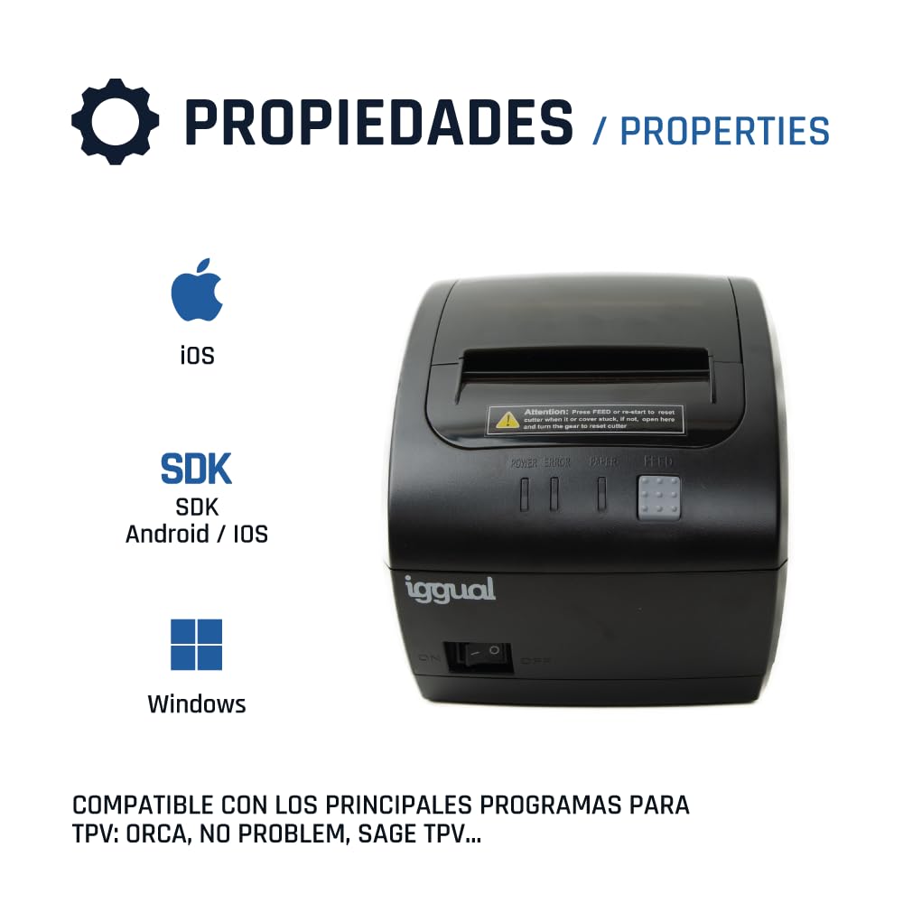 iggual Stampante termica per biglietti TP Easy 80- USB+RJ11, rotolo termico 80 mm, velocità 230mm/s, Windows,Linux, macOS. SDK :Windows Android, iOS,Emulazione ESC/POS. (14,5 x 18,9 x 14).