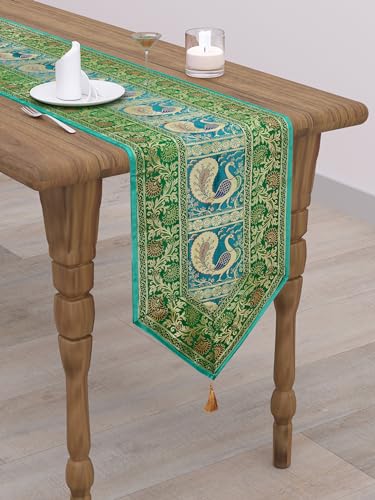 Image of Banarasi Brocade Zari Silk Table Runner Dinning & Centre Table Runner 177 By 30 CM (Green, Peacock)