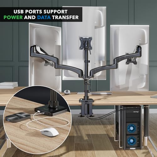 Image of Mount-It! Triple Monitor Mount, 3 Monitor Desk Mount with Gas Spring Arms, Fits 13-32 Inch Screens up to 17.6 lbs per Arm, VESA 75 & 100, Clamp or Grommet Base, USB-A & C Ports, Black