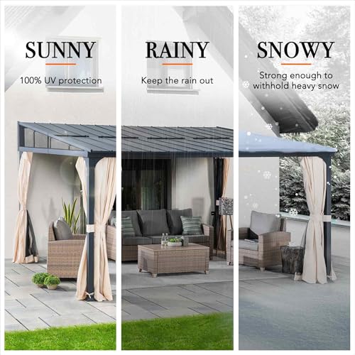 Sunjoy 12 x 14 ft Wall Mounted Gazebo with Powder Coated Steel Roof, Black Aluminum & Metal Frame Lean to Gazebo with Curtains and Netting - Image 8