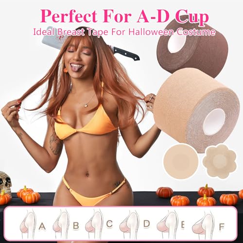 Boob Tape,2 Rolls Breast Tape With 10 Pairs Disposable Nipple Covers,Breast Lift Tape for A-E Cup Beige4