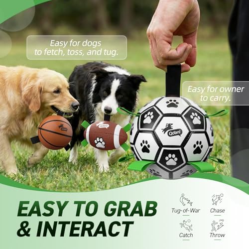 Image of QDAN Dog Soccer Ball Football Basketball Set - 3 PCS Dog Balls with Strap for Tug of War, Soccer Ball Football Toys for Small Medium Large Dogs, Herding Ball for Dogs, Dog Birthday Toy