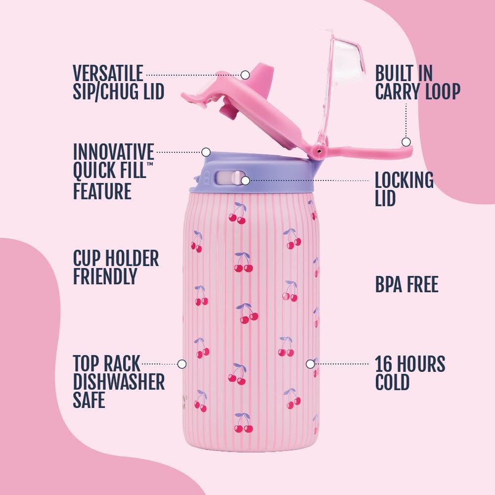 Ello Kids Pop & Fill 12oz Toddler Water Bottle with Quick Fill Lid, Double-Wall Vacuum Insulated Stainless Steel, Leak Proof, BPA Free, Sip & Chug, For School, Lunchboxes, Preppy Cherries - Image 4