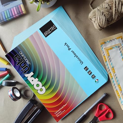 Image of BRUSTRO Copytinta Coloured Craft Paper A4 Size 80 GSM Sky Blue Shade (Celeste), 60 Sheets Pack | Double Side Colored, Ideal for Origami, Scrapbooking, Making Card, DIY Art & Craft.