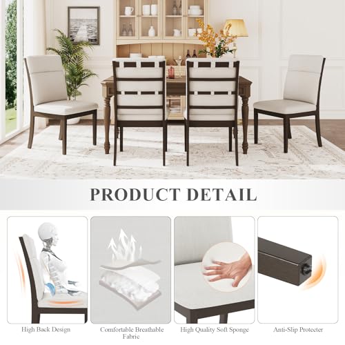 Image of COLAMY Wooden Dining Chairs Set of 2, Modern Fabric Upholstered Kitchen Side Chairs, Farmhouse Ladder High Back Dining Room Chair with Foot Pegs - Beige