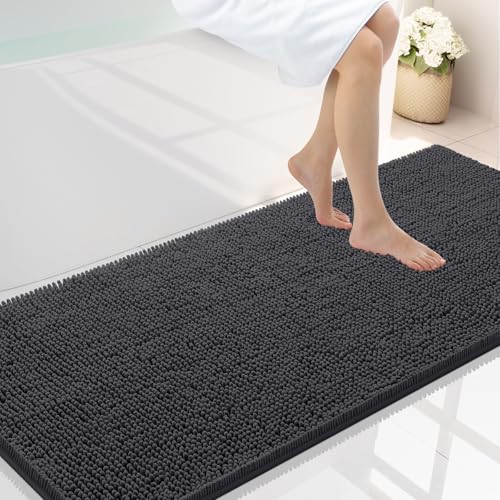 Smiry Luxury Chenille Bathroom Rugs 59x24, Extra Soft and Absorbent Shaggy Bath Mat, Machine Washable, Non-Slip Plush Carpet Runner for Tub, Shower, and Floor, Home Decor Accessories, Charcoal Grey