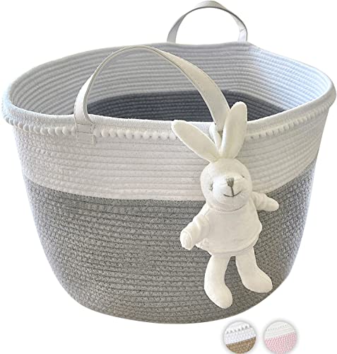 Image of Baby Laundry Basket -Large Baby Basket Toy Storage – Grey Laundry Hamper- Pink Hamper -Toy Storage Woven Baskets and Nursery Organizer - Toy Organizers and Storage-grey color with bunny rattle