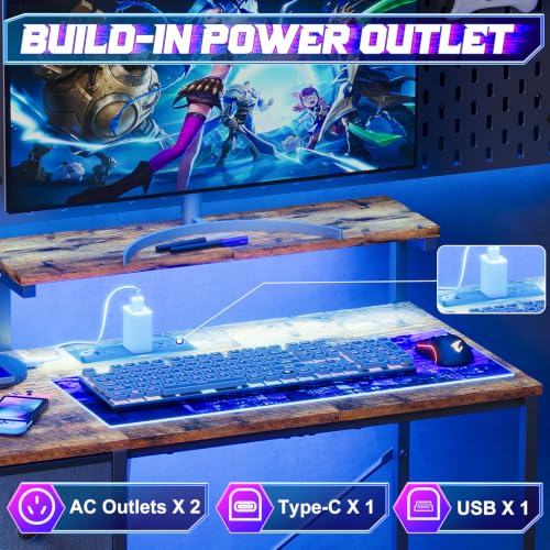 Image of X-cosrack 33.5 inch Small Gaming Desk with LED Lights & Outlets, Monitor Stand | Computer Desk for Bedroom, Writting Studying Table with CPU Stand& Charging Station
