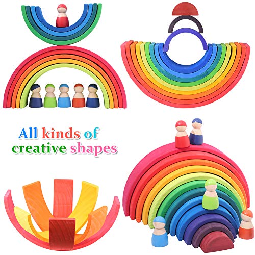 VIGEIYA 18Pcs Wooden Rainbow Stacking Toy Color Sorting Toys Large Stacker Building Blocks for Kids Toddlers (Large) - Thumbnail 4