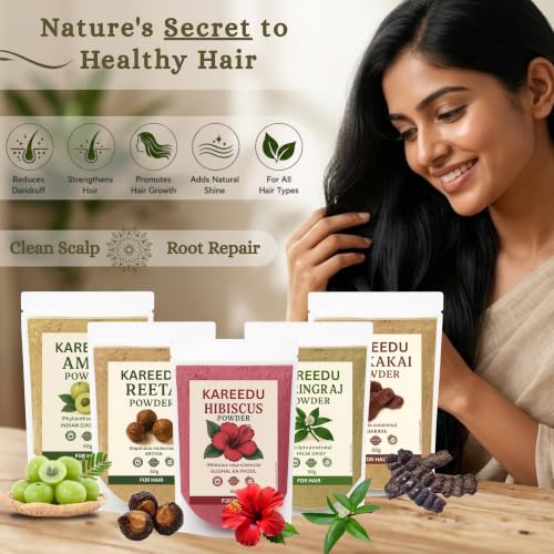 Image of Amla Reetha Shikakai Bhringraj Hibiscus Powder For Hair Growth (pack Of 5, 50g Each, Total 250g Hair Pack) Natural Hair Mask For Hair Fall Control