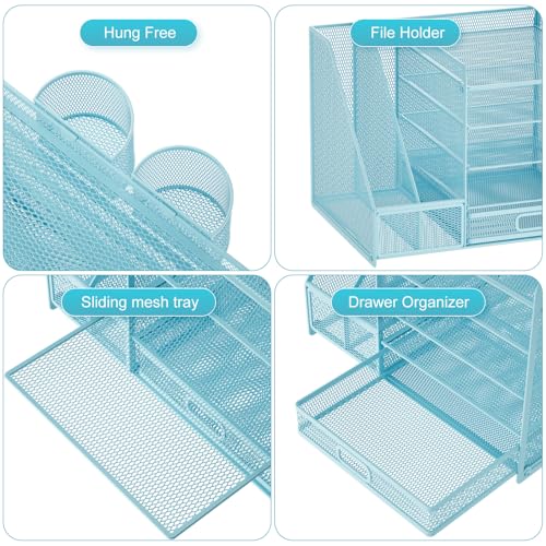 Image of Marbrasse Desk Organizer with File Holder, 5-Tier Paper Letter Tray Organizer with Drawer and 2 Pen Holder, Mesh Desktop Organizer and Storage with Magazine Holder for Office Supplies(Blue)