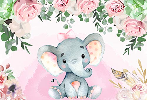 NIVIUS PHOTO Fondo rosa Baby Shower Baby Girl Shower Party Gift Baby Elephant Postre Mesa Telón de fondo Rosa Rosas alrededor Diseño 220x150cm W-1540 Cover