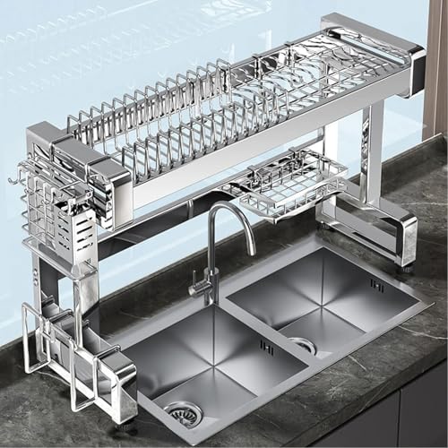 Escurridor de platos sobre el fregadero, organizador de acero inoxidable de gran capacidad para almacenamiento de encimera de cocina y organización del fregadero