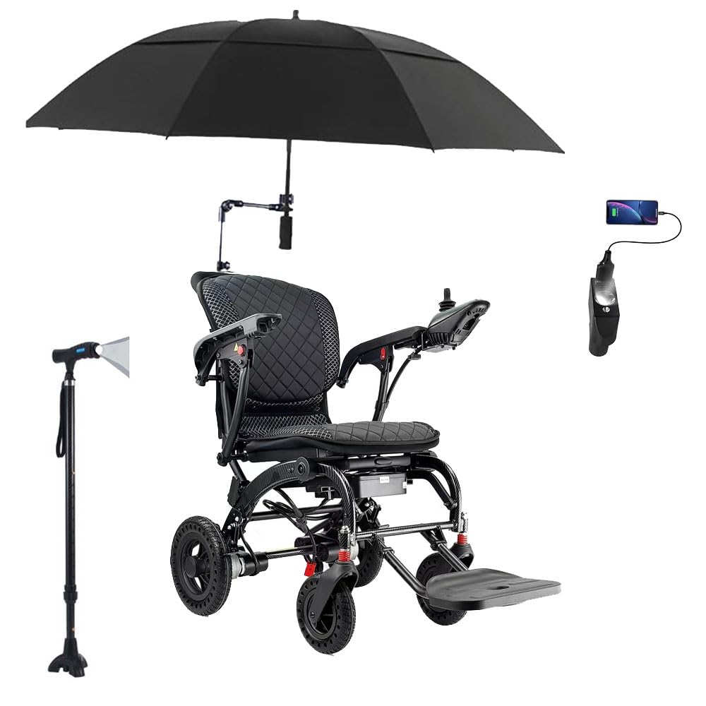 Silla de ruedas eléctrica ligera 33lbs, silla de ruedas eléctrica plegable para adultos, doble motor 360W, reposabrazos elevables, con luz USB y muletas,20ah