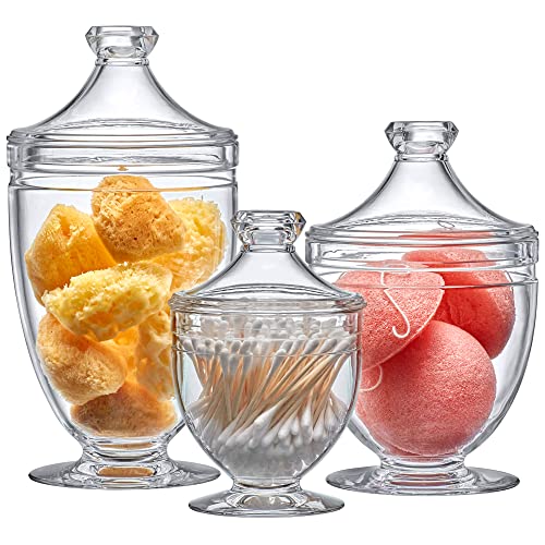 Aspire – Plastic Bathroom Canisters (3-Piece Set, 46/34/12 oz) (NOT Glass), Acrylic Apothecary Jars for Vanity, BPA-Free and Shatter-Proof, Great for Cotton Balls and Bath Sponges