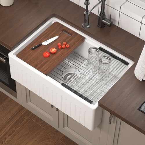 KARAMAG 30 Inch Workstation Farmhouse Sink White Fireclay Apron Front Kitchen Sink Rectangular Undermount Sinks Deep Deep Drop-in Single Bowl Reversible Sinks with Accessories