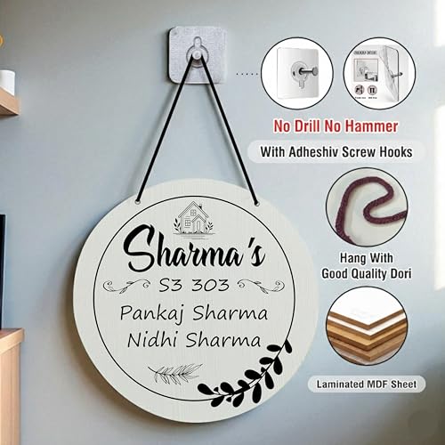 Image of P Arts Personalized Door Name Plate for Home Entrance Round Shaped 10x10 Inch Name plate for home entrance, Door name plates MDF Wood, Black & White (Engraved-02)