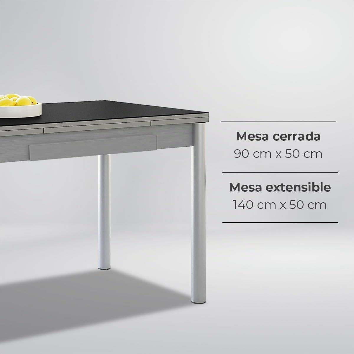Astimesa - Mesa de Cocina Extensible - Estructura Aluminio - Color Negro - Ideal para Espacios Pequeños - Medidas: 90 x 50 cm - Extensible: 140 x 50 cm