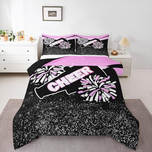 Image of Feelyou Glitter Pink Purple Cheer Comforter Set Toddler Size Dreamy Girly Gymnastic Sports Comforter for Kids Boys Girls Gymnastics Lovers Bedding Set Cheer Sports Duvet Set Room Decor Quilt