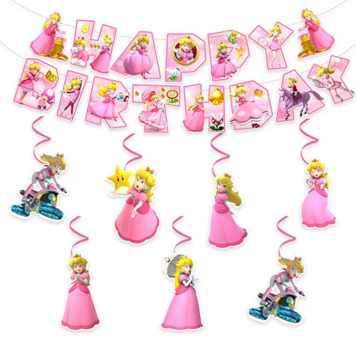 13Packs Princess Peach party supplies Include 12 pcs Hanging Swirls and 1 Happy Birthday Banner for Princess Peach party Decoration