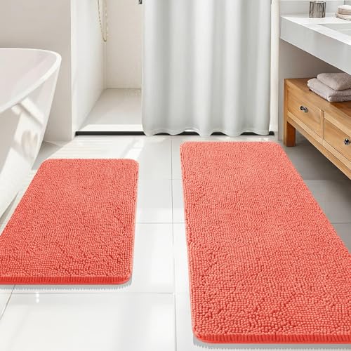 Image of OLANLY Bathroom Rugs Sets 2 Piece, Soft Absorbent Chenille Bath Mats Area Rug Set, Non-Slip, Quick Dry, Machine Washable Bath Mats for Bathroom, Home Decor Accessories (59 inchx20 inch+30 inchx20 inch, Coral)