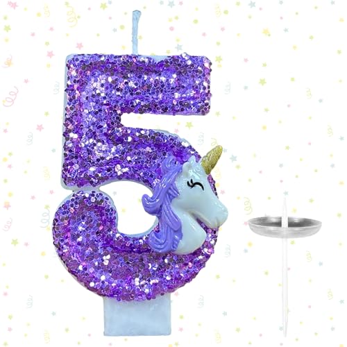 Ovanda Kerze 5 Geburtstag Mädchen, Einhorn Tortendeko Kerze 5, 3D Regenbogen Einhorn Geburtstagskerzen, Kerzen Zahlen 5 Lila, Geschenk Mädchen 5 Jahre, Einhorn Deko Kindergeburtstag 5