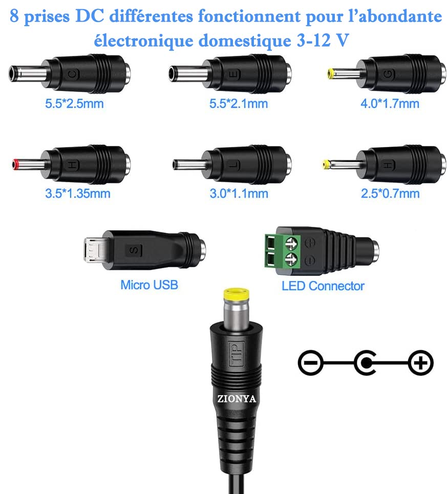 Adattatore CA a DC 3 V 4,5 V 5 V 6 V 7,5 V 9 V 12 V 1 A 2 A, adattatore multi-tensione con porta USB 5 V 2 A e