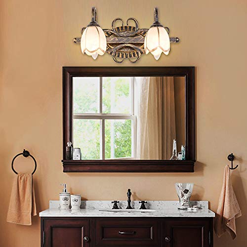 Image of LITFAD LED Wall Sconce Lighting Lotus Shade Bathroom Vanity Light Metal 2 Lights Vintage Style Rust-Proof Wall Light in Bronze for Bedroom Dresser