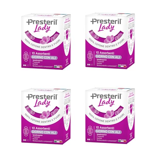 Lady P - Compresas exteriores de día con alas de algodón 100% biodegradable, 4 paquetes de 10 unidades (total 40)