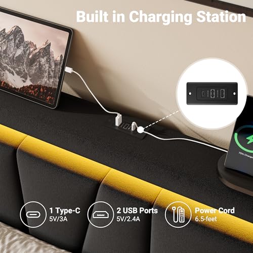 Image of Allewie King Size LED Bed Frame with Charging Station, Velvet Upholstered Platform Bed with Geometric Wingback Headboard, Modern Frame with No Box Spring Needed, Easy Assembly, Black