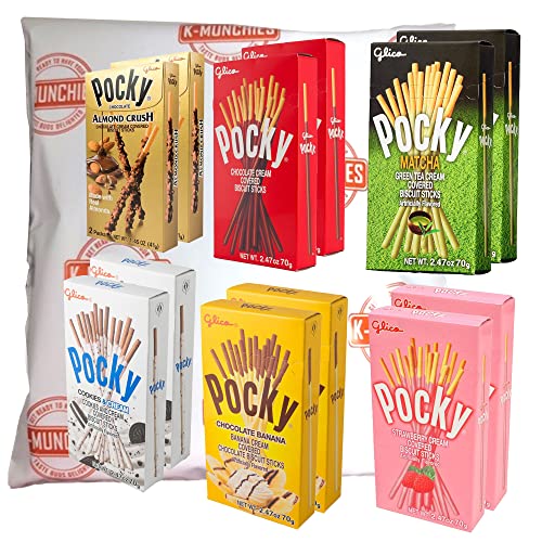 K-Munchies Pocky Pretzel Sticks - 12 Pretzel Snack Packs with 6 Delightful Flavors: Chocolate, Cookies & Cream, Almond, Banana, Matcha, and Strawberry - Japanese Snack Box with Bread Sticks for All