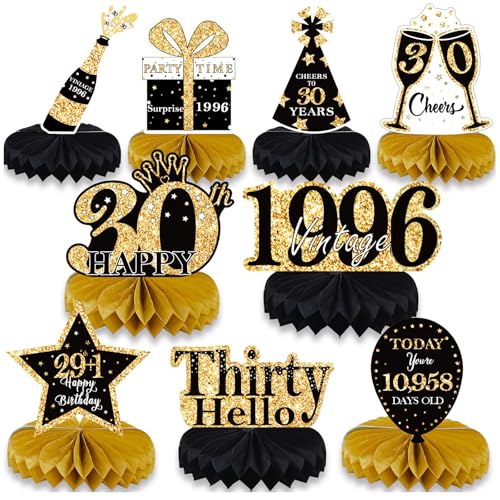 NINESPRING Decoração de mesa para 30 aniversários, cor preta e dourada, 9 unidades de favo de mel, decoração de mesa para 30 anos, decoração de aniversário para homens e mulheres