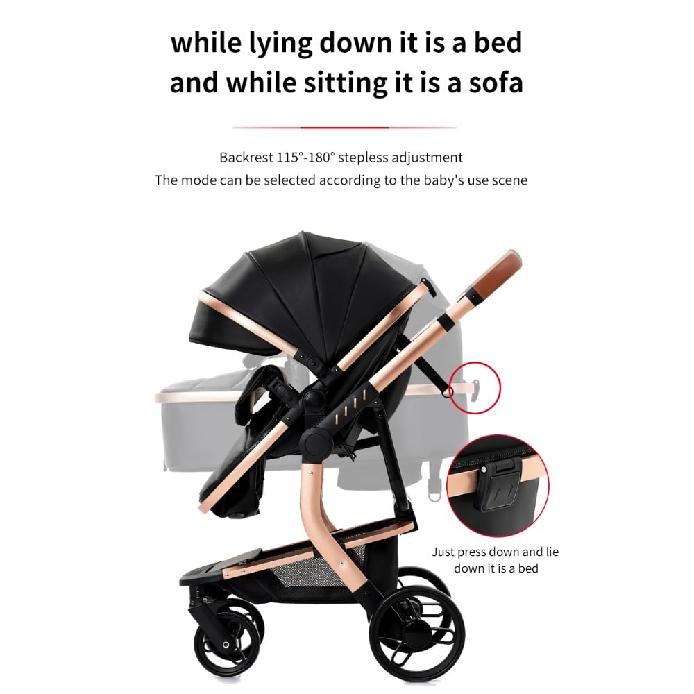Cochecito 3 en 1 Compacto Plegable con Asiento Convertible,Negro | Plegado sencillo, asiento reclinable, incluye bolso de mamá y portabebés para 0–4 años
