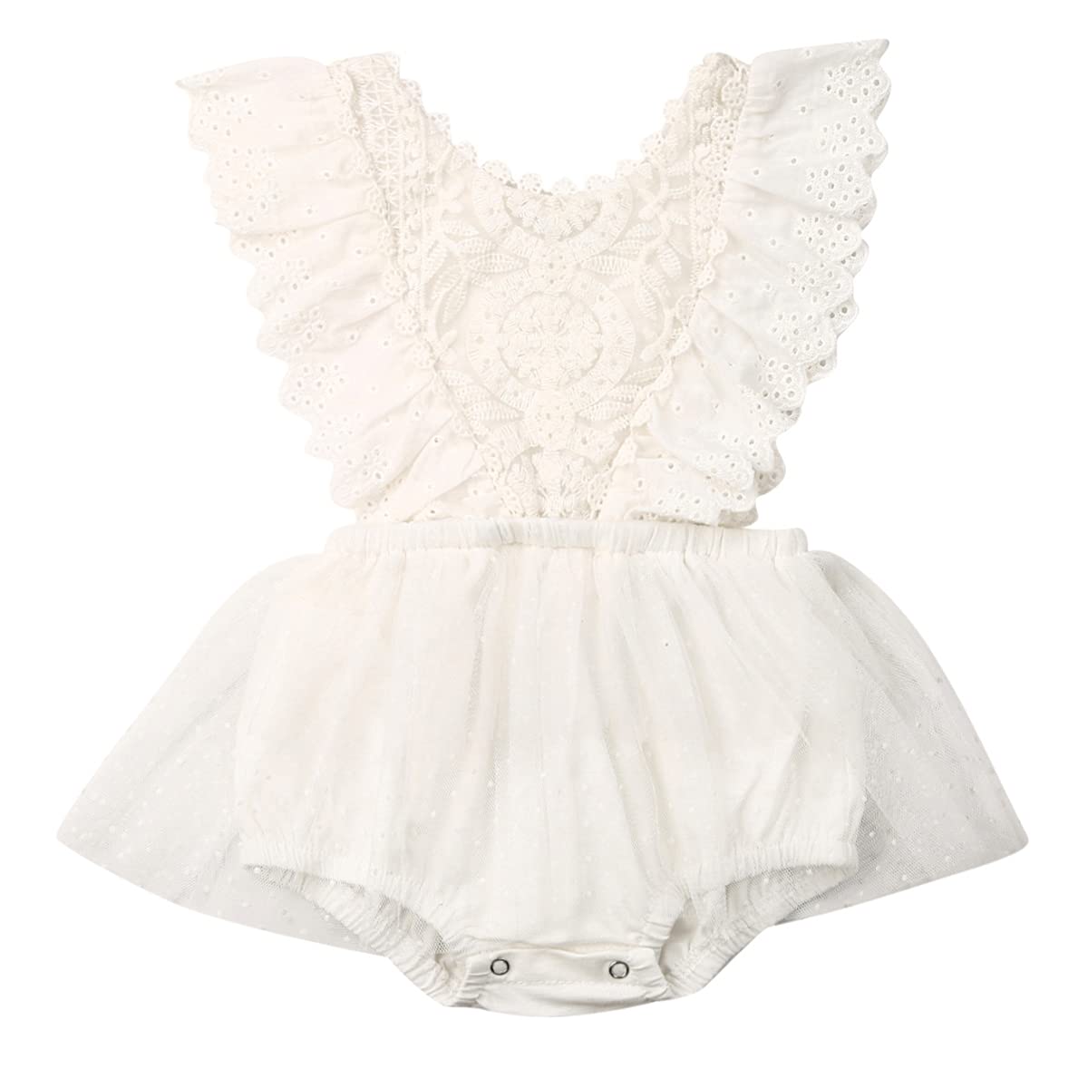 Andannby Infant Baby Girl Lace Rompers V-Back Bowknot Bodysuit Cute Newborn Ruffle Clothes White (White2,0-6 Months)