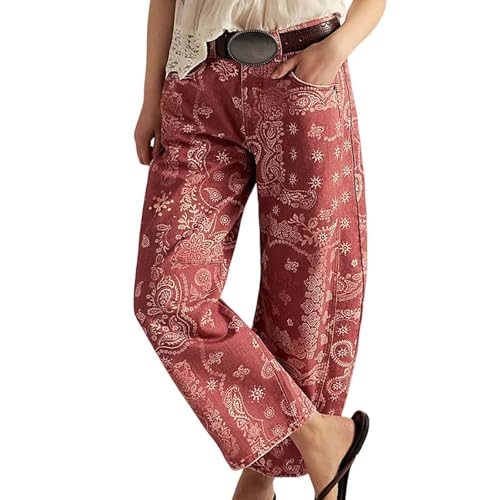 Womens Baggy Barrel Boyfriend Jeans Floral Print Denim Ankle Pants Wide Leg Flared Jeans Sweatpants Y2k Patchwork