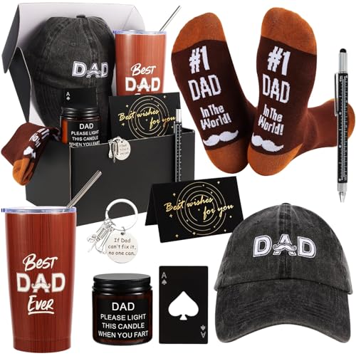Image of Kolewo4ever 9-Piece Dad Gift Set: Brown Stainless Steel Tumbler, Socks, Cap, Keychain, Candle, Pen, Card, Opener; Modern Dad-Themed Gifts for Father, Husband, Grandfather