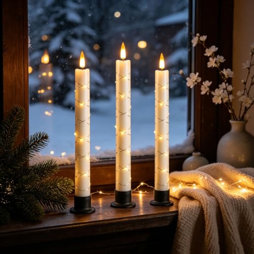 Image of Da by 3 Pack Ivory Heat Resistant Flameless Taper Candles, Cross Surrounding Fairy String Lights, Realistic Dynamic Flame LED Candles with Remote Control for Indoor Outdoor Decor
