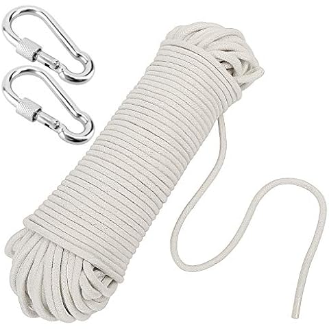 KEILEOHO 1/4 Inch Natural Cotton Rope, 164 FT Length White Clothesline Cord Craft Knitting Thread String Wall Hanging Rope for Garden Plant DIY Decoration Clothes Hanger with 2 Stainless Steel Hooks Cover