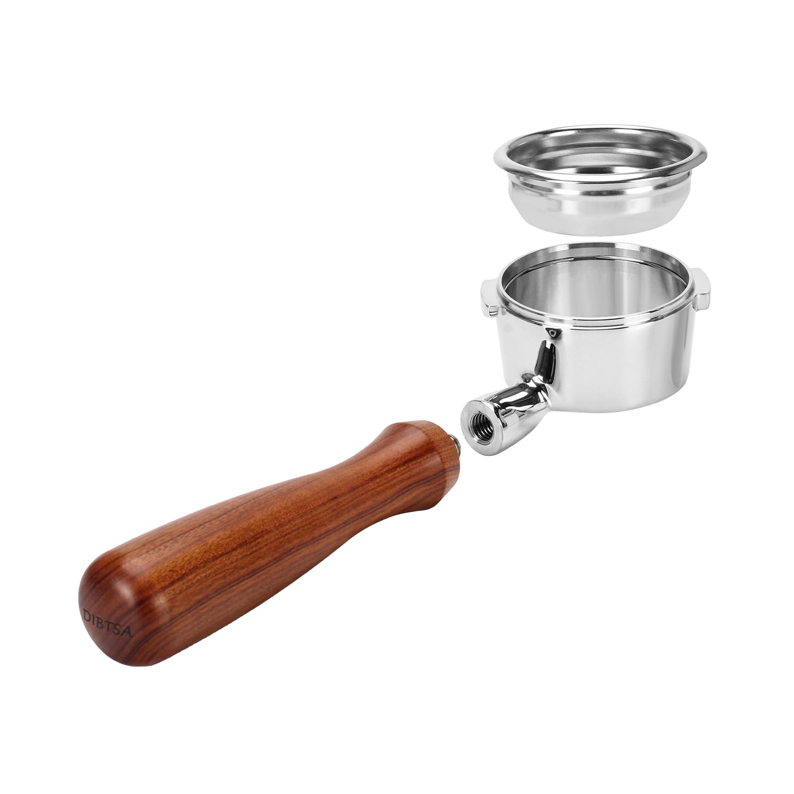 DIBTSA Portafiltro sin fondo de 58 mm compatible con Gaggia, portafiltro de café de acero inoxidable 304 de 2 orejas con cesta de filtro reutilizable y mango de madera, piezas de repuesto para máquina