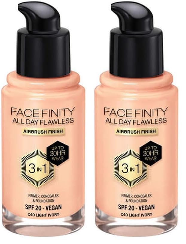 Max Factor Base de maquillaje fluida Facefinity 3 en 1 All Day Flawless, SPF 20-40 light marfil, 30 ml (Paquete de 2)