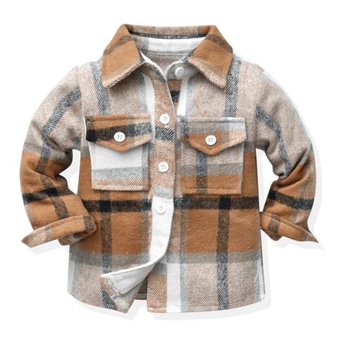 Little Kids Baby Boy Girl Long Sleeve Button Down Plaid Shirts Fall Winter Flannel Shacket Jackets Tartan Tops
