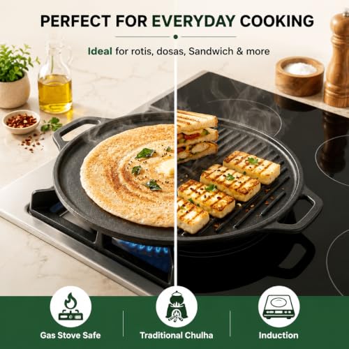 Image of Esspy Cast Iron 2-in-1 Dosa Tawa & Grill (30cm) | Double-Sided Tawa /Pan for Roti, Dosa, Chapati, Fish & Steak | Naturally Nonstick, Gas & Induction Cookware | Reversible Cooking